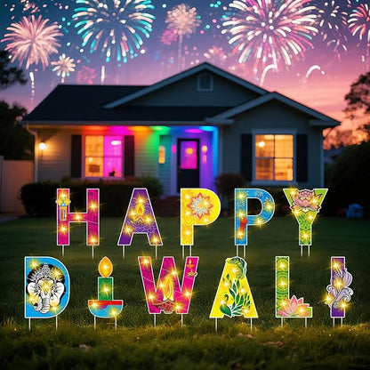 11 Pcs Happy Diwali Yard Stake Sign with LED String Lights Diwali Outdoor Decorations Festival of Indian Lights Party Stakes for Yard Lawn Decor Garden Pathway Decor Photo Booth Props
