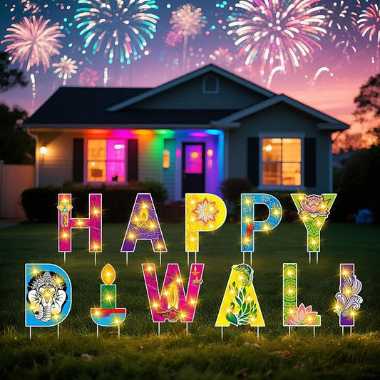 11 Pcs Happy Diwali Yard Stake Sign with LED String Lights Diwali Outdoor Decorations Festival of Indian Lights Party Stakes for Yard Lawn Decor Garden Pathway Decor Photo Booth Props
