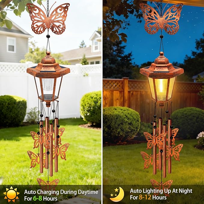 Large Solar Butterfly Wind Chimes with Wind Catcher/Solar Decor Light to Create a Zen Atmosphere Decor for Outdoor Garden Balcony, Classic Bronze Wind Chimes, Gifts for Mom Grandma Women Wife Daughter