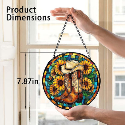 TNUW Western Sunflower Stained Glass Window Hanging, Country Western Cowboy Cowgirl Boots Suncatchers Indoor Window Glass Round Wall Art Decor, Southwestern Wall Hanging Decorations, 7.9＂x7.9＂