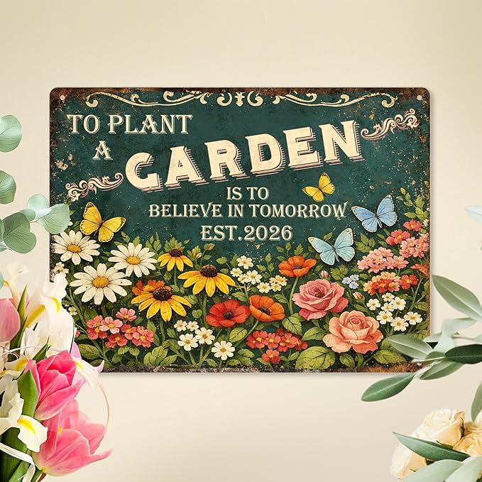 Personalized Garden Signs for Outside Custom Metal Tin Sign for Women, Retro Welcome Metal Sign for Patio, Yard Rustic Home Decor Gifts for Mothers Day, Grandmas, and Gardening Lovers