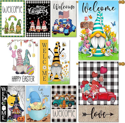 Set of 10 Gnome Seasonal Garden Flags,Double Sided 28 x 40 Inch Yard Flags,Large House Flags for outside, Christmas Spring Seasonal Flag for Outdoor,Holiday Garden Flags for All Seasons