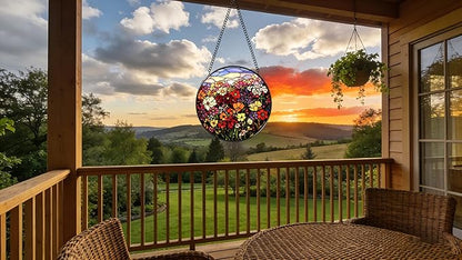 Stained Glass Window Hanging Ornament, Flowers and Green Leaves 6.3 Inches Suncatcher for Window Home Decor Bithday Christmas Monther's Day Gifts for Women Men and Mom