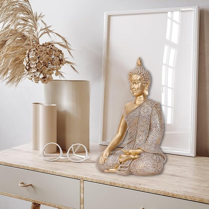 Golden Buddha Figurine - Meditating Seated Buddha Statue - Polyresin Statuary Meditation Figurine Altar Spiritual Decoration Indoor Outdoor Asia Sculpture for Garden, Patio, Deck, Porch Yard Art