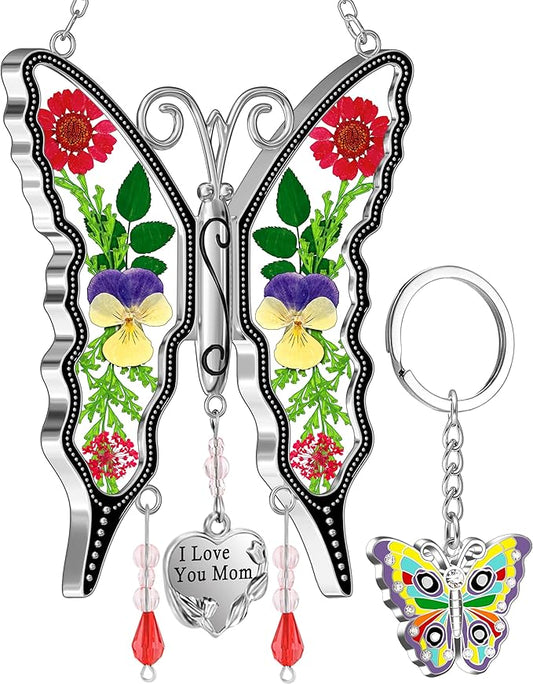 KY&BOSAM Gifts for Mom I Love You Mom Butterfly Suncatcher Stained Glass Window Hanging Wind Chime with Pressed Real Flowers Purple Butterfly Mother Gift for Women Mothers Day Christmas Birthday Decor