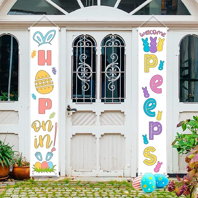 Easter Door Banner Porch Decor - Welcome Peeps Porch Sign - Bunny Hanging Banners Porch Decorations for Front Door Outside Yard Garden Party Supplies
