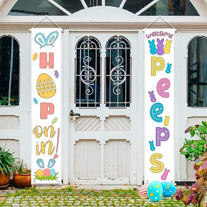 Easter Door Banner Porch Decor - Welcome Peeps Porch Sign - Bunny Hanging Banners Porch Decorations for Front Door Outside Yard Garden Party Supplies