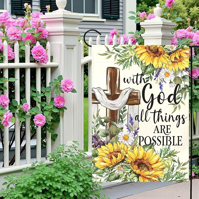 Summer Sunflower Christian Garden Flag with God All Things Are Possible Cross Floral Yard Flags Religious Faith Porch Decor Double Sided Spring Seasonal Front Lawn Decor 12x18 Inch