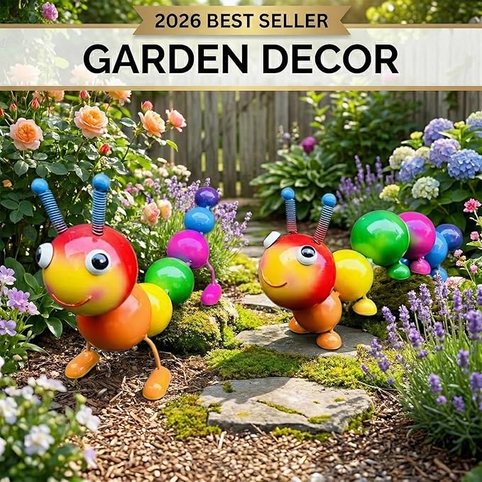 2 PackCute Caterpillar Metal Garden Statues Outdoor Art, Colorful Insect Lawn Ornaments for Backyard Patio Decorations, Funny Animal Yard Decor Gifts for Women Mom