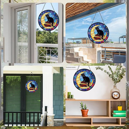 Rngmsi Cat and Moon Stained Glass Window Hanging Gifts, 7.8″ Sun Catchers for Indoor Window Decor, Decorative Sun Catchers Home Wall Art Gift for Thanksgiving Christmas Wedding Housewarming