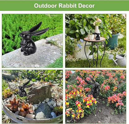 OwnMy 2 Cast Iron Bunny Figurines Outdoor Rabbit Statues for Garden Patio Home Decors, 3.7" Hollow Carved Cute Bunny Statue Vintage Long-Eared Rabbit Ornaments Paperweights for Office Table Decors