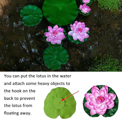 Fake Lily Pads, 10 PCS Artificial Lotus with Water Lily Pad, Realistic Water Floating Foam Lotuses Pads, Pink Artificial Floating Lotus Decor with Pad for Home Outdoor Ponds