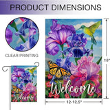 Hzppyz Welcome Spring Hummingbird Iris Garden Flag Double Sided, Purple Flower Bird Yellow Butterfly Decorative House Yard Outdoor Small Decor, Summer Floral Arrangement Home Outside Decoration 12x18