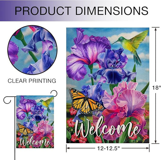 Hzppyz Welcome Spring Hummingbird Iris Garden Flag Double Sided, Purple Flower Bird Yellow Butterfly Decorative House Yard Outdoor Small Decor, Summer Floral Arrangement Home Outside Decoration 12x18