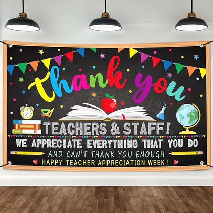 Happy Teacher Day Banner Teacher Appreciation Week Decorations Flag Outdoor 71x44 Inch School Classroom Backdrop,Thank You Teacher Gifts for Indoor Home Party Supplies,Yard Sign Photography Background