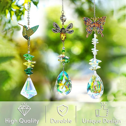 H&D HYALINE & DORA 3Pcs Crystal Suncatcher for Windows Hanging Prism Rhinestones Sun Catcher with Chain and Hook Rainbow Maker for Ceiling Garden Home Indoor Decor