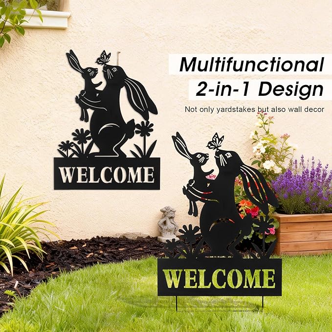Glitzhome Easter Rabbit Decorative Garden Stakes, 30" H Black Metal Silhouette with Welcome Sign and Butterfly Cutout, Iron Yard Lawn Spring Decor or Wall Decor