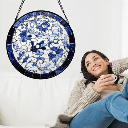 Stained Glass Window Hanging, Blue and White Abstract Flowers Sun Catcher for Door Home Decor Suncatcher Christmas Mother's Day Birthday Gifts for Women Men Mom and Nana 11.8 in