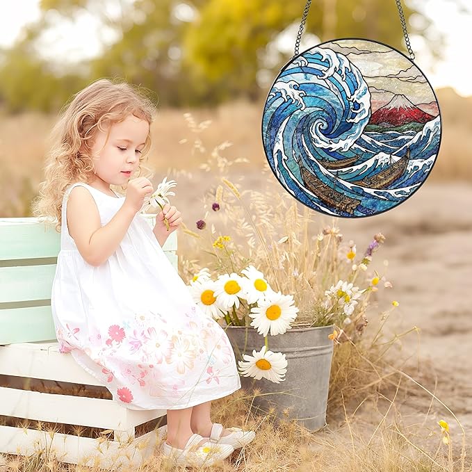 Stained Glass Window Hanging, 8" Round Mount & Great Wave Suncatcher with Metal Chain, Japanese Art Glass Decor for Home Garden, Gift for Mom, Friends, and Family