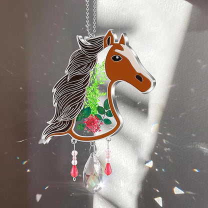 KY&BOSAM Suncatcher Horse Head Stained Glass Crystal Hand-Painted Suncatchers Ornament hangings Wind Chime with Pressed Flower Horse Embedded in Glass Window Mother`s Day Birthdays…
