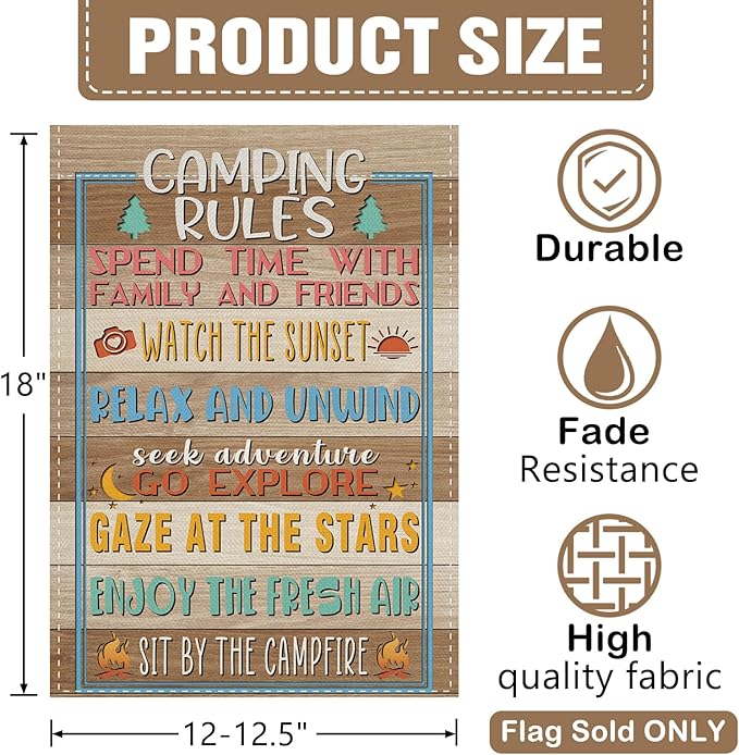 Dyrenson Camping Rules Decorative Garden Flag, Rustic Camper Outdoor Adventure Yard Home Decoration, Farmhouse Campsite Burlap Outside Small Decor Double Sided 12 x 18
