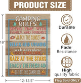 Dyrenson Camping Rules Decorative Garden Flag, Rustic Camper Outdoor Adventure Yard Home Decoration, Farmhouse Campsite Burlap Outside Small Decor Double Sided 12 x 18
