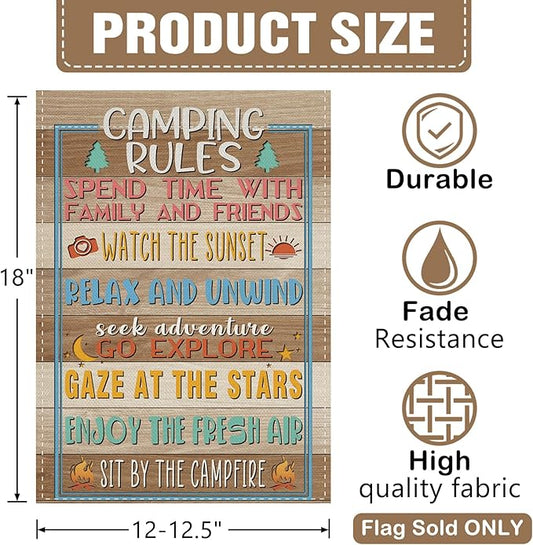 Dyrenson Camping Rules Decorative Garden Flag, Rustic Camper Outdoor Adventure Yard Home Decoration, Farmhouse Campsite Burlap Outside Small Decor Double Sided 12 x 18