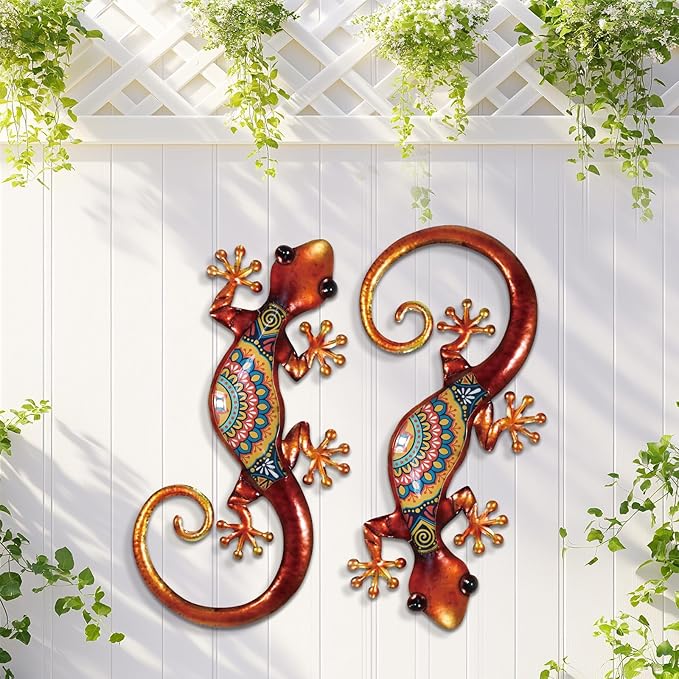 LIFFY Lizard Metal Wall Art Decor - 2 Pack 15 Inch Metal Wall Decor, Lizard Outdoor Hanging Glass Sculpture Decoration for Yard Garden Art, Patio Fence Home, Unique Gift Ideas