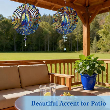 Wazzio Peacock Wind Spinners Outdoor, Peacock Gifts for Women Wife Mom Grandma, Hanging Wind Spinners for Christmas Thanksgiving, 12 inch Outdoor Indoor Hanging Ornament for Garden Porch Backyard