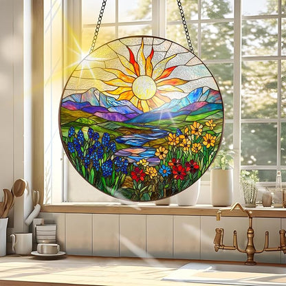 VAIIEYO Sun Sun Catcher Stained Glass Window Hanging Ornament, Handmade Sun Catcher Flower Landscape Decoration with Hooks for Window Garden Home, Birthday Housewarming Gift 7.8 inch