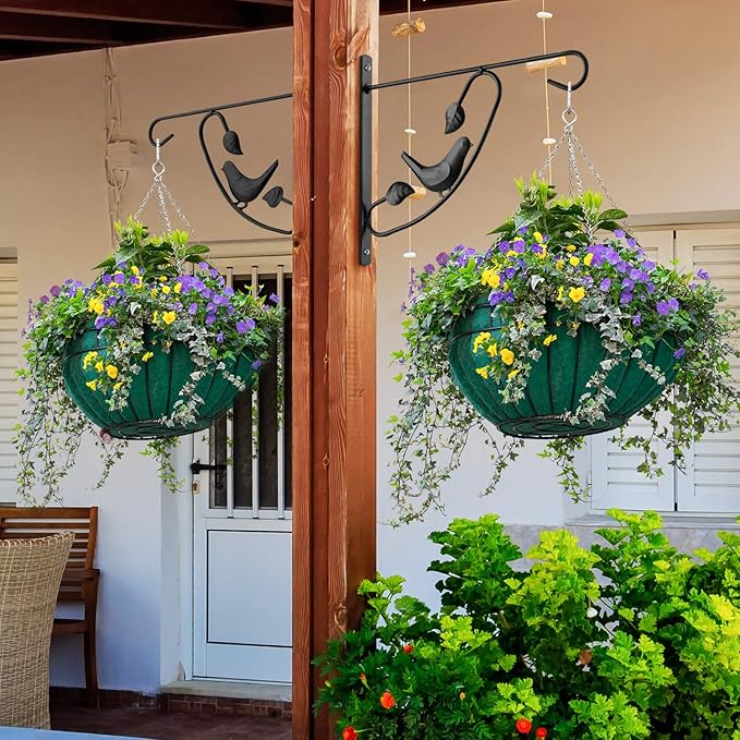 AMAGABELI GARDEN & HOME 2 Pack Hanging Brackets Plant Hanger Outdoor 12inch Metal Fence Wall Planter Hooks for Hanging Flower Baskets Bird Feeders Lanterns Wind Chimes Rust-Resistant Black