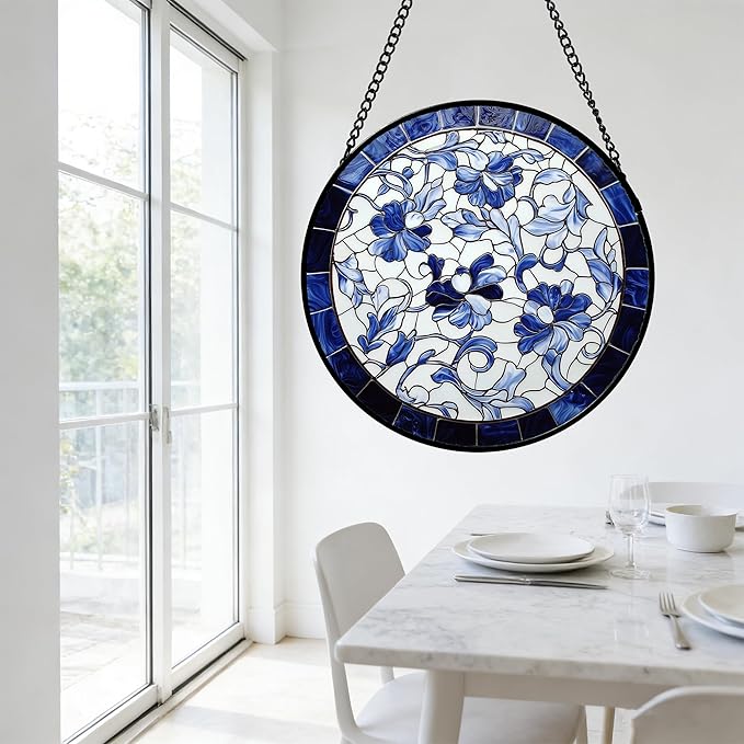 Stained Glass Window Hanging, Blue and White Abstract Flowers Sun Catcher for Door Home Decor Suncatcher Christmas Mother's Day Birthday Gifts for Women Men Mom and Nana 6.3 in