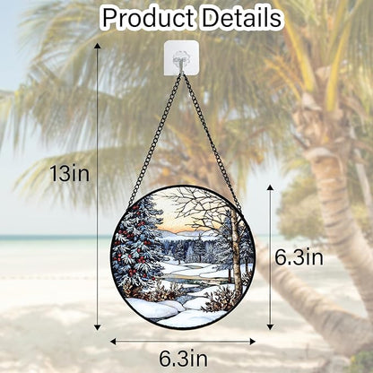 DASTOLL Stained Glass Window Hanging, Winter Snow Landscape Suncatcher Diamond Glass Panel Sun Catchers Decor for Birthday for Women, Men, Wife, Aunt, and Mom 6.3x6.3 in