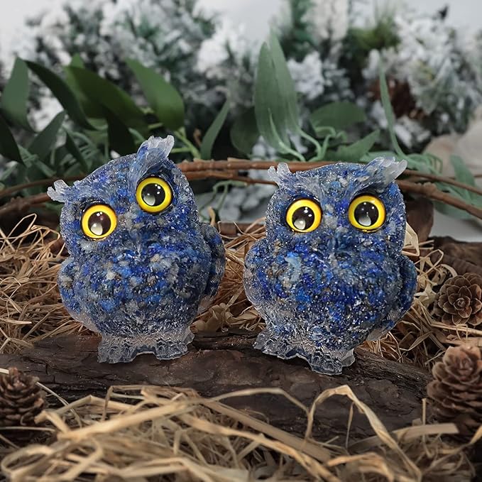 Nupuyai 3 inches Orgone Resin Crystal Chips Tumbled Stone Owl Statue, Mini Hand Carved Stone Crystal Animal Figurines for Tabletop Indoor Outdoor, Lapis Lazuli