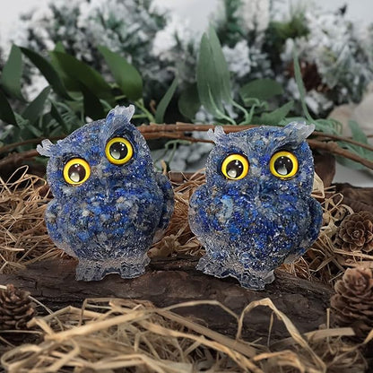 Nupuyai 3 inches Orgone Resin Crystal Chips Tumbled Stone Owl Statue, Mini Hand Carved Stone Crystal Animal Figurines for Tabletop Indoor Outdoor, Lapis Lazuli