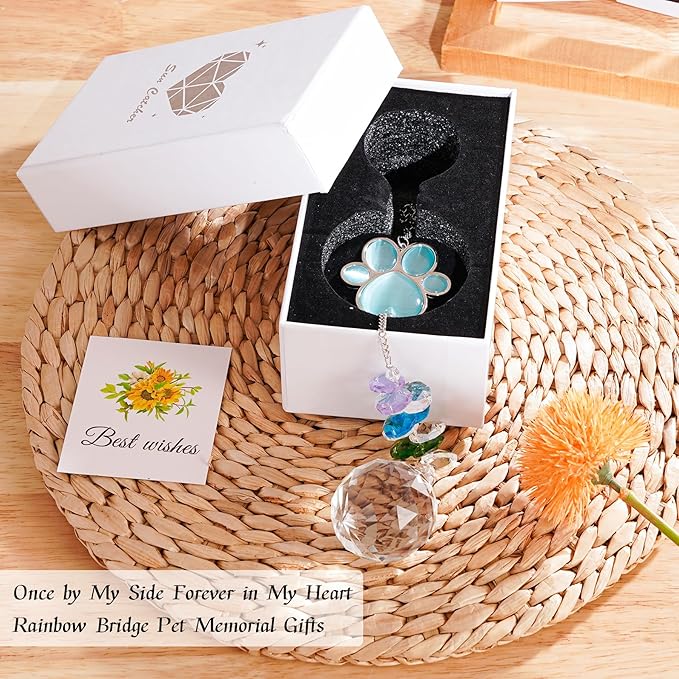 Dog Memorial Gifts for Loss of Dog, Pet Memorial Suncatcher, Pet Sympathy Gifts, Paw Print Suncatcher with Card & Gift Box, Remembrance Bereavement Gift for Loss of Dogs Cats