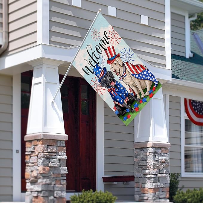 Welcome 4th of July Dog Patriotic Decorative House Flag, Black Labrador Pet Firework Garden Yard Outside Decoration, American Summer Outdoor Large Home Decor Dog Lover Gifts Double Sided 28x40