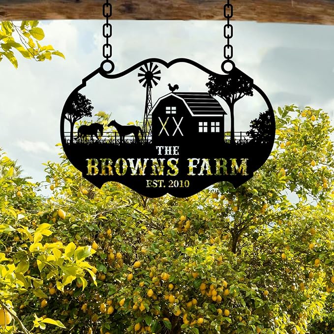Personalized Metal Farm Ranch Sign, Customized Family Last Name, Large Decor, Outdoor Art, Welcome Sign, Black, 12" - 14" - 16" - 20" - 24" - 27" - 32" - 39