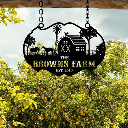 Personalized Metal Farm Ranch Sign, Customized Family Last Name, Large Decor, Outdoor Art, Welcome Sign, Black, 12" - 14" - 16" - 20" - 24" - 27" - 32" - 39