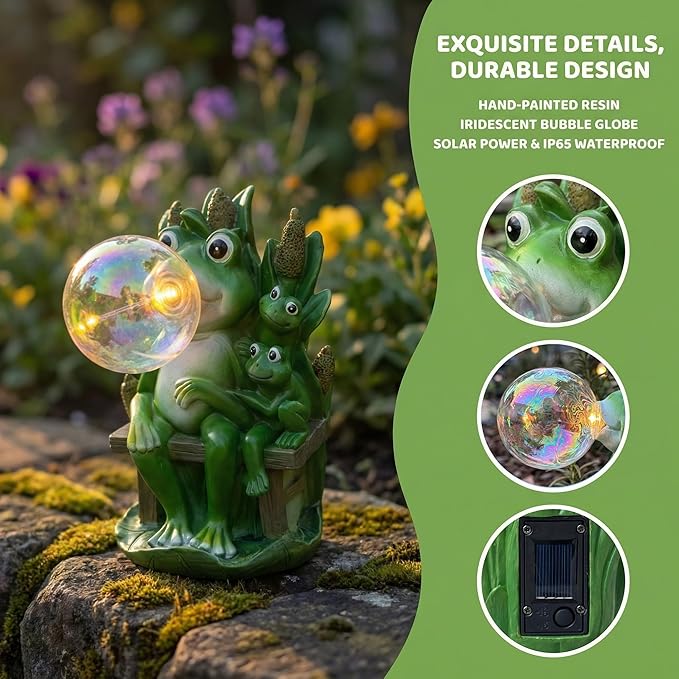 Solar Frog Blowing Bubble Garden Statue Light - Outdoor Waterproof Resin Figurine with Auto LED Glow for Patio & Yard Decor