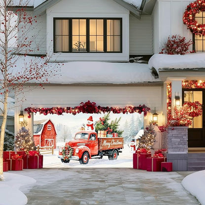 IVN Merry Christmas Garage Door Banner 13x6ft Festive Backdrop Decoration Red Truck Snowman Christmas Photo Prop Background for Joyful Holiday Yard Door Cover Background Outdoor Winter Scene