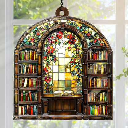 Jesuspirit - Window Hanging Suncatcher – Crystal Clear Acrylic & Wood Sun Catcher for Home Decor, for Women (Library Bookshelf, 6 Inches)