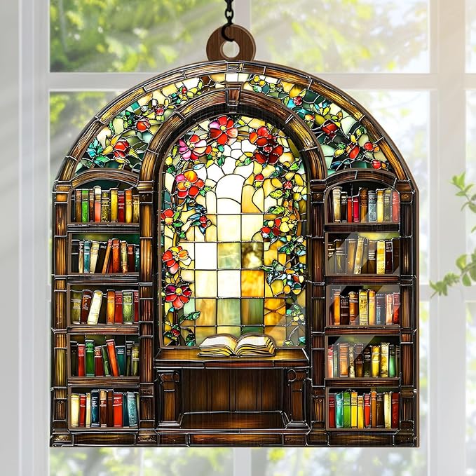 Jesuspirit - Window Hanging Suncatcher – Crystal Clear Acrylic & Wood Sun Catcher for Home Decor, for Women (Library Bookshelf, 8 Inches)