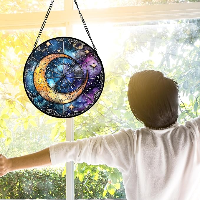 DASTOLL Stained Glass Window Hanging, Blue Starry Sky Moon Astrolabe Suncatcher for Doors Home Sun Catchers Decoration and Christmas, Mother's Day Birthday Gifts for Women, Men, and Mom 6.3 in