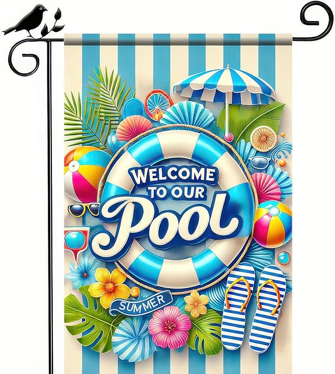 HOMETITUTE Welcome to Our Pool Summer Garden Flag 12x18 Inch Double Sided Summer Swimming Pool Yard Flag Palm Leaf ParasolParty Seasonal Farmhouse Banner Outdoor Decor Poolside