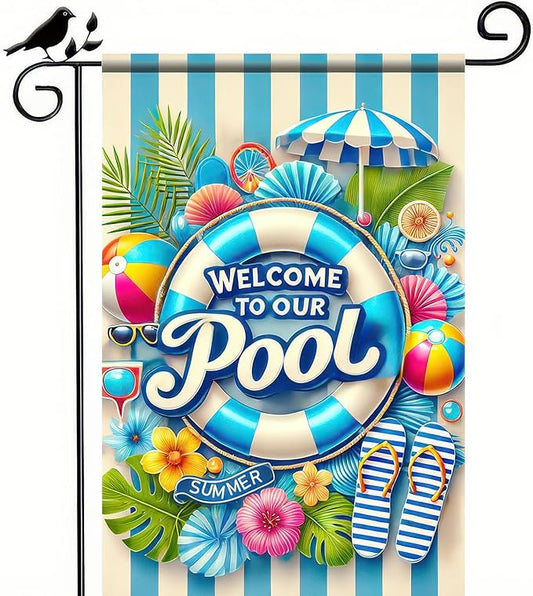 HOMETITUTE Welcome to Our Pool Summer Garden Flag 12x18 Inch Double Sided Summer Swimming Pool Yard Flag Palm Leaf ParasolParty Seasonal Farmhouse Banner Outdoor Decor Poolside
