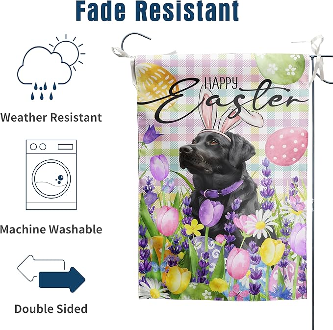Happy Easter Labrador Dog Garden Flag Black Lab Spring Flags Buffalo Plaid Bunny Eggs Yard Flag for Outside 12x18 Double Sided Small Decorative Floral Outdoor Flag