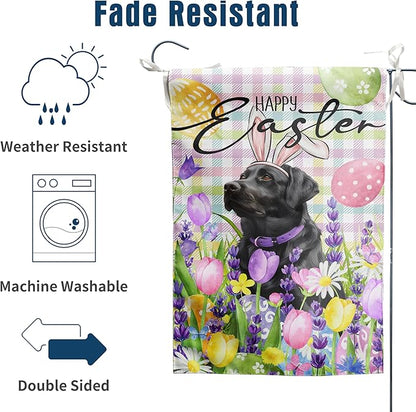 Happy Easter Labrador Dog Garden Flag Black Lab Spring Flags Buffalo Plaid Bunny Eggs Yard Flag for Outside 12x18 Double Sided Small Decorative Floral Outdoor Flag