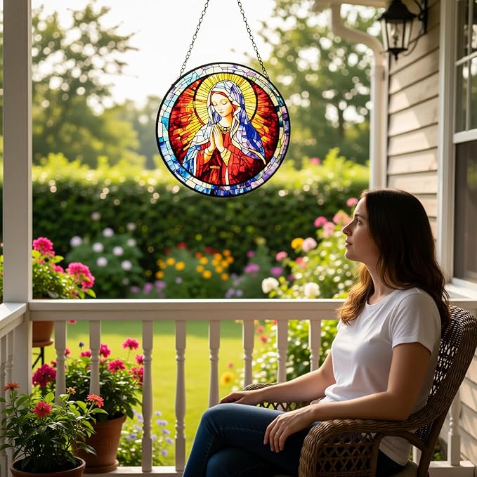 Stained Glass Window Hanging - Virgin Mary Suncatcher, The Holy Mother Mary Sun Catchers Decor for Window Hanging, Catholic Gifts for Christian Women Men Mom Wife Religious Faith 7.8in