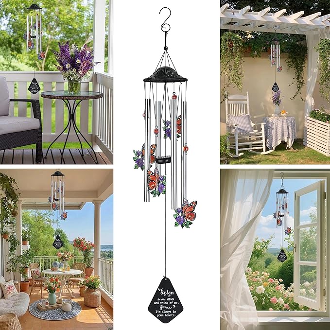 HDCRYSTALGIFTS 34'' Butterfly Wind Chimes Outdoor Large, Butterflies Aluminum Tube Memorial Windchime for Outside with S Hook,Patio Home Garden Decor, Sympathy Gifts for Loss of Loved One